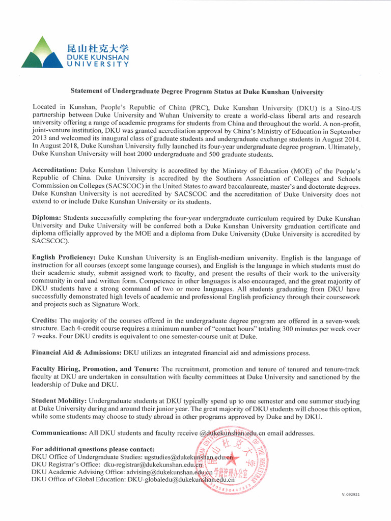 Statement of Undergraduate Degree Program Status at Duke Kunshan ...