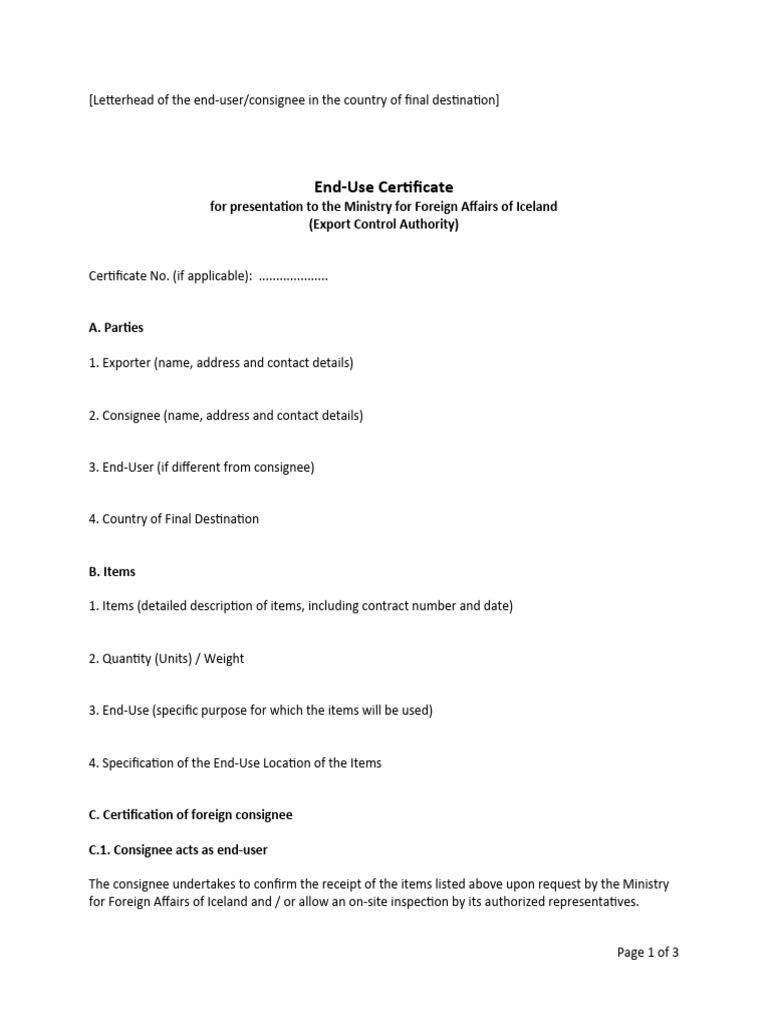 Illustration of End Use Certificate Requirements