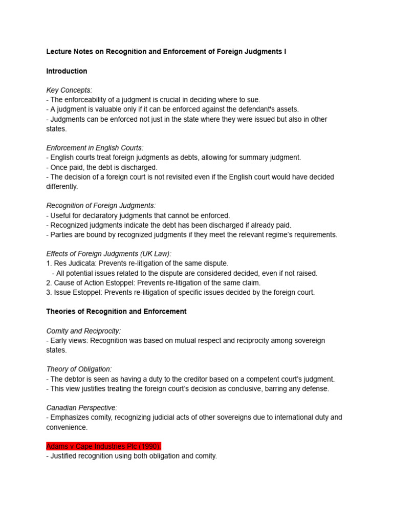 Foreign Judgment Enforcement Principles | PDF | Judgment (Law) | Comity