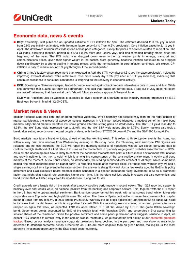 UniCredit Markets Today 20240517 | PDF | Investing | Inflation