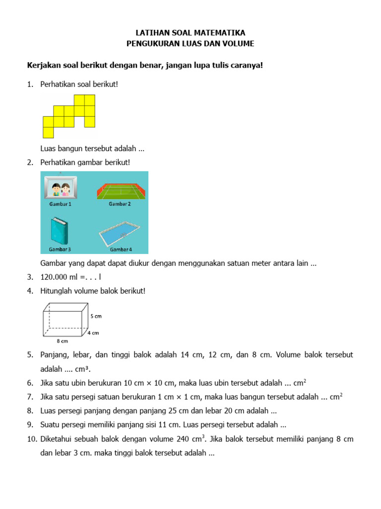 Soal Pengukuran Luas dan Volume Kelas 4 | PDF