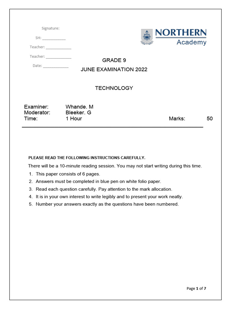 Grade 9 Technology June Exam 2022 | PDF | Materials