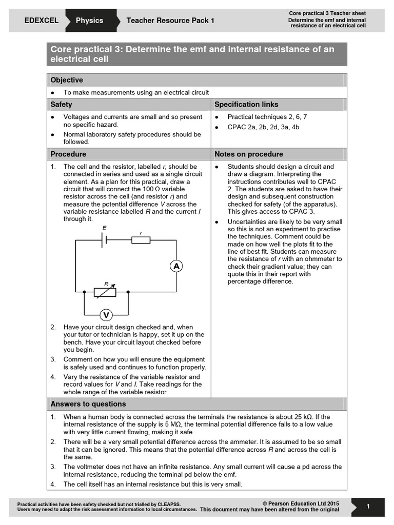 Emf and Internal Resistance of Cells | PDF | Resistor | Voltage