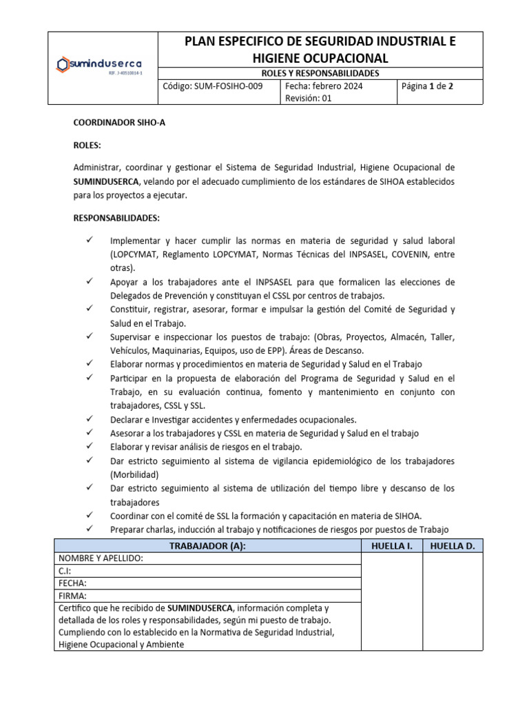 1.2.8 Sum-Fosiho-009 Roles y Resp. Coordinador Sihoa | PDF | Higiene ...
