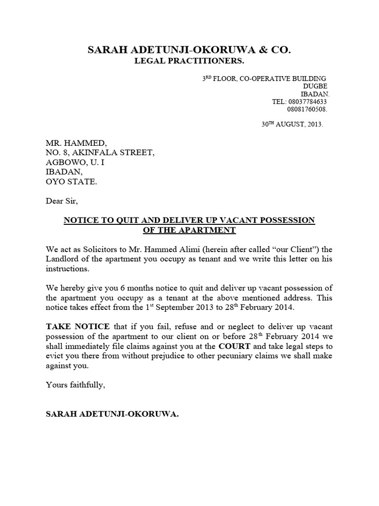 Tenant Quit Notice Template in Nigeria | PDF | Eviction | Landlord ...