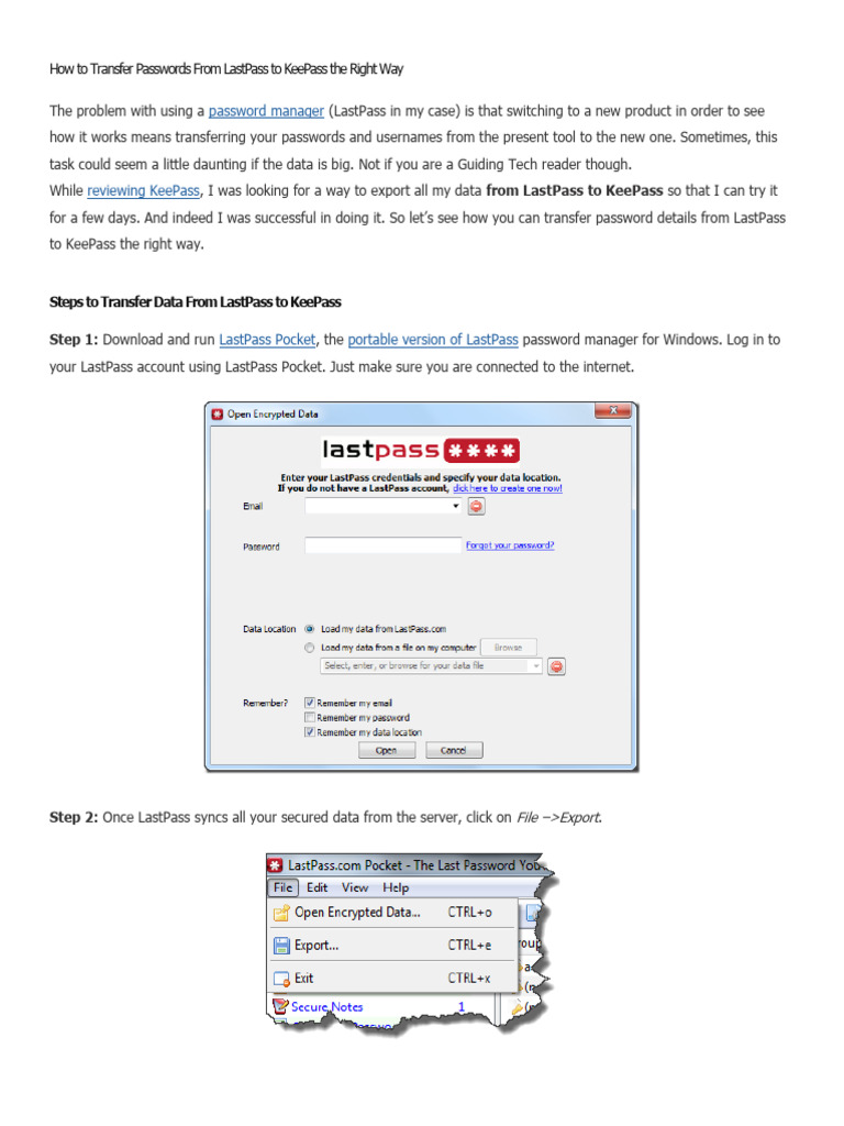 Transfer LastPass to KeePass Guide | PDF | Software | Computing