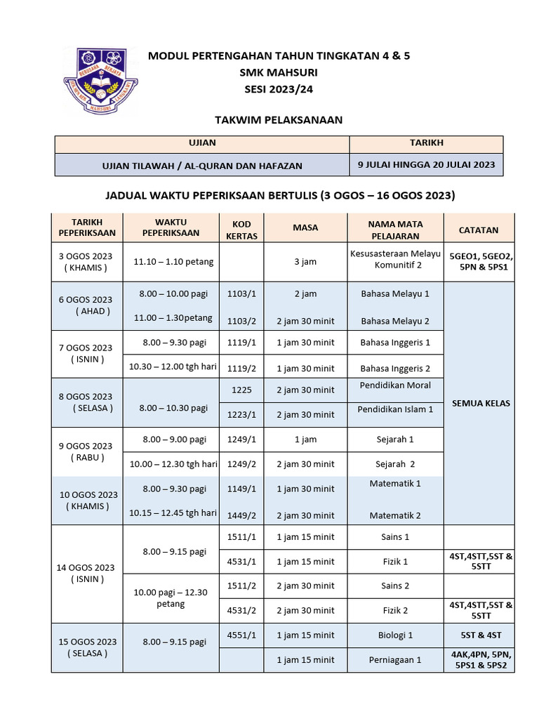 Jadual Exam Ting 4 5 2023 Pdf