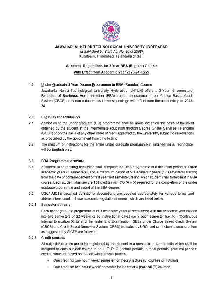 BBA Course Regulations 2023-24 JNTUH | PDF | Academic Term | Thesis