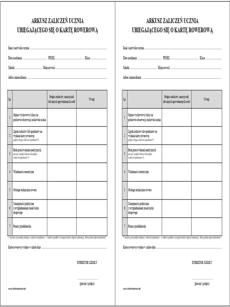 Arkusz Zaliczen - Karta Rowerowa | PDF