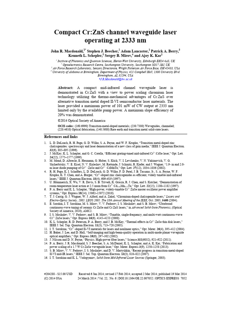 Mid-IR Cr:ZnS Waveguide Laser | PDF | Laser | Quantum Optics