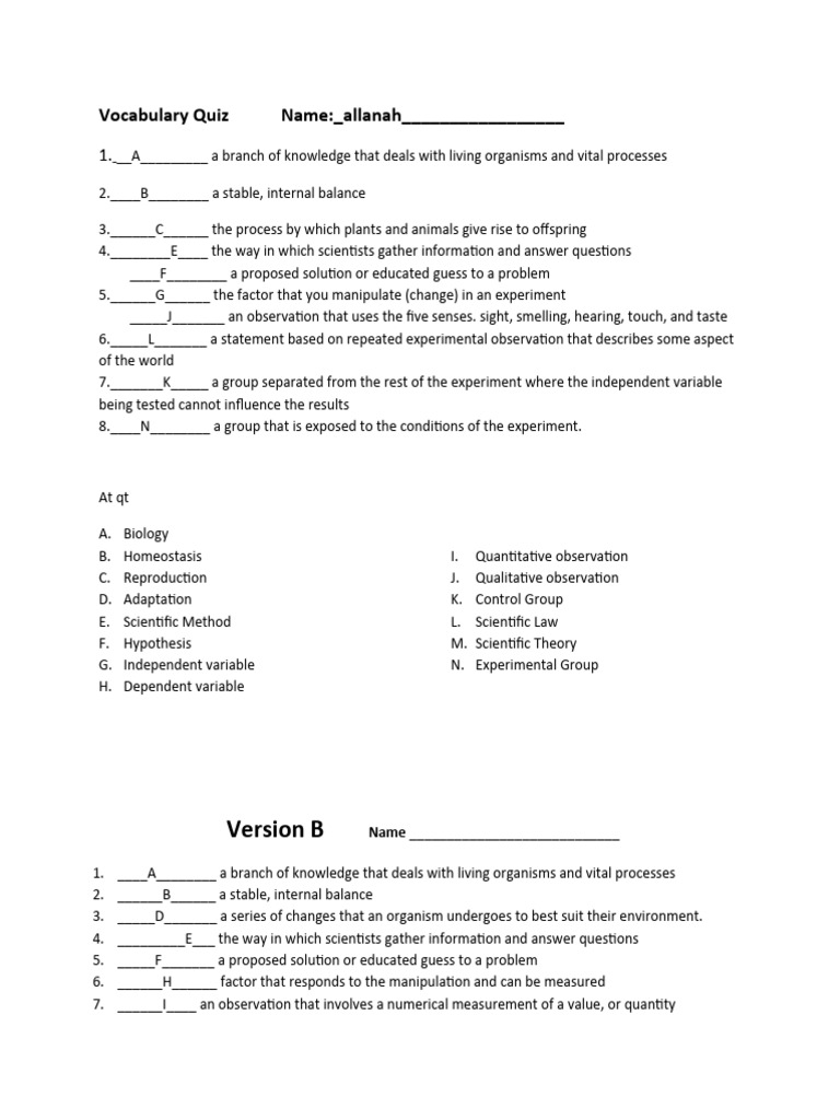 Biology Vocabulary Pdf