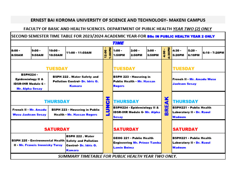 Second Semester Timetable 4 Public Health Y2 Only. | PDF | Public Health
