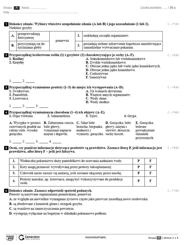 Wirusy Bakterie Protisty Grzyby Sprawdzian Nowa Era Wirusy, Bakterie, Protisty, Grzyby Test | PDF