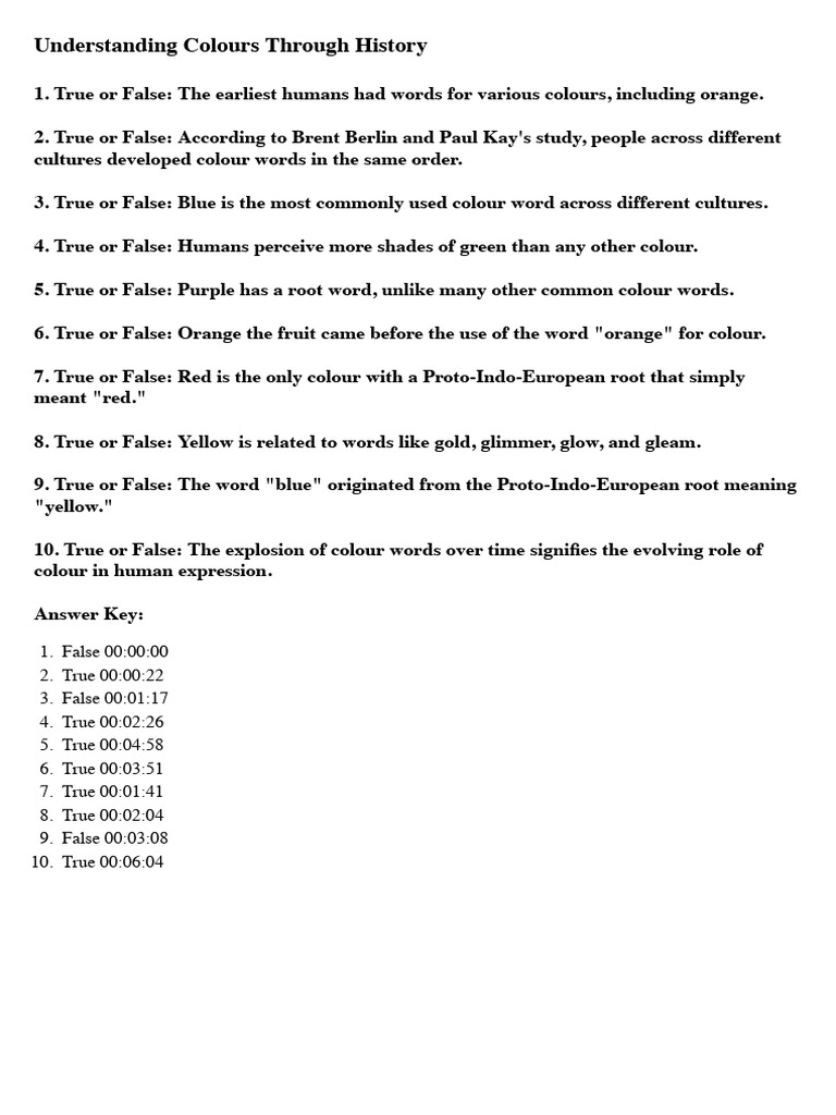 Evolution of Color Words Throughout History TF Ans | PDF