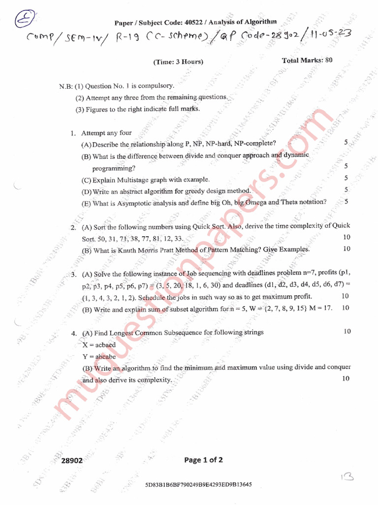 Be Computer Engineering Semester 4 2023 May Analysis of Algorithmrev ...