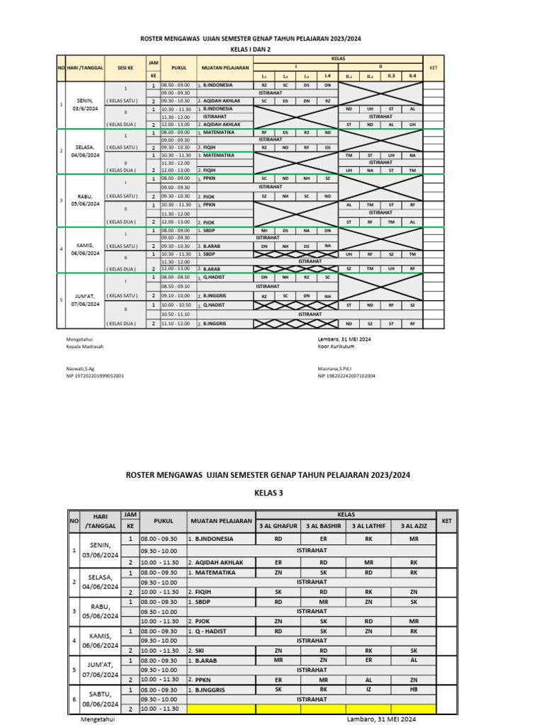 Roster Ujian Semester 2 Tahun Pelajaran 2023-2024 | PDF