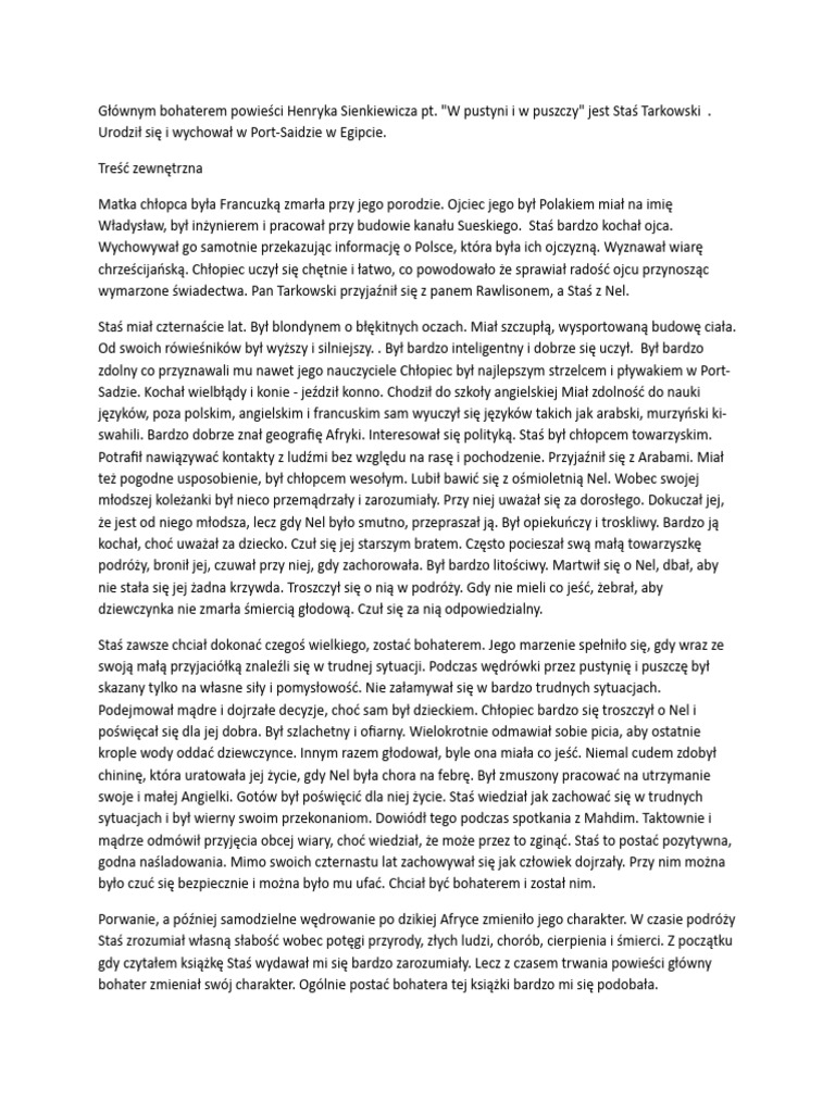 Izabela łęcka Charakterystyka Z Cytatami w pustyni i w puszczy charakterystyka stasia tarkowskiego | PDF