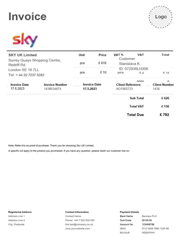 Sky UK Invoice for iPhone Purchase | PDF | Invoice | I Phone