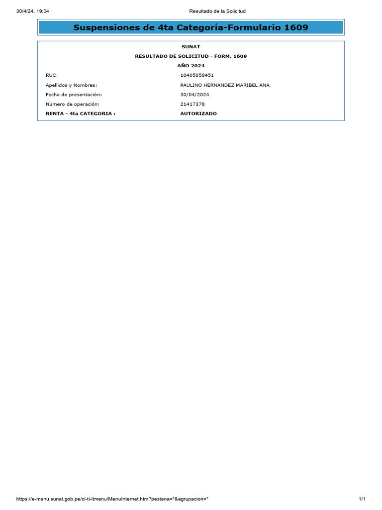 Resultado Solicitud SUNAT Form. 1609 | PDF