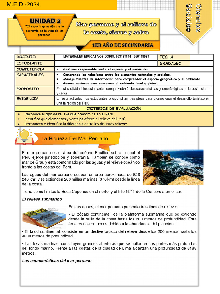 FICHA DE ACTIVIDAD CCSS 1°- SEMANA 2 | PDF | Andes | Perú