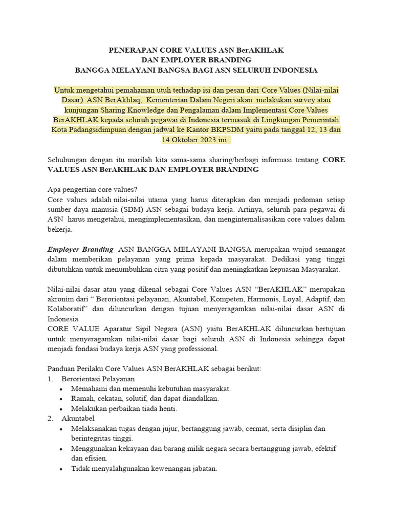 Implementasi Core Values ASN BerAKHLAK | PDF | Karier & Perkembangan
