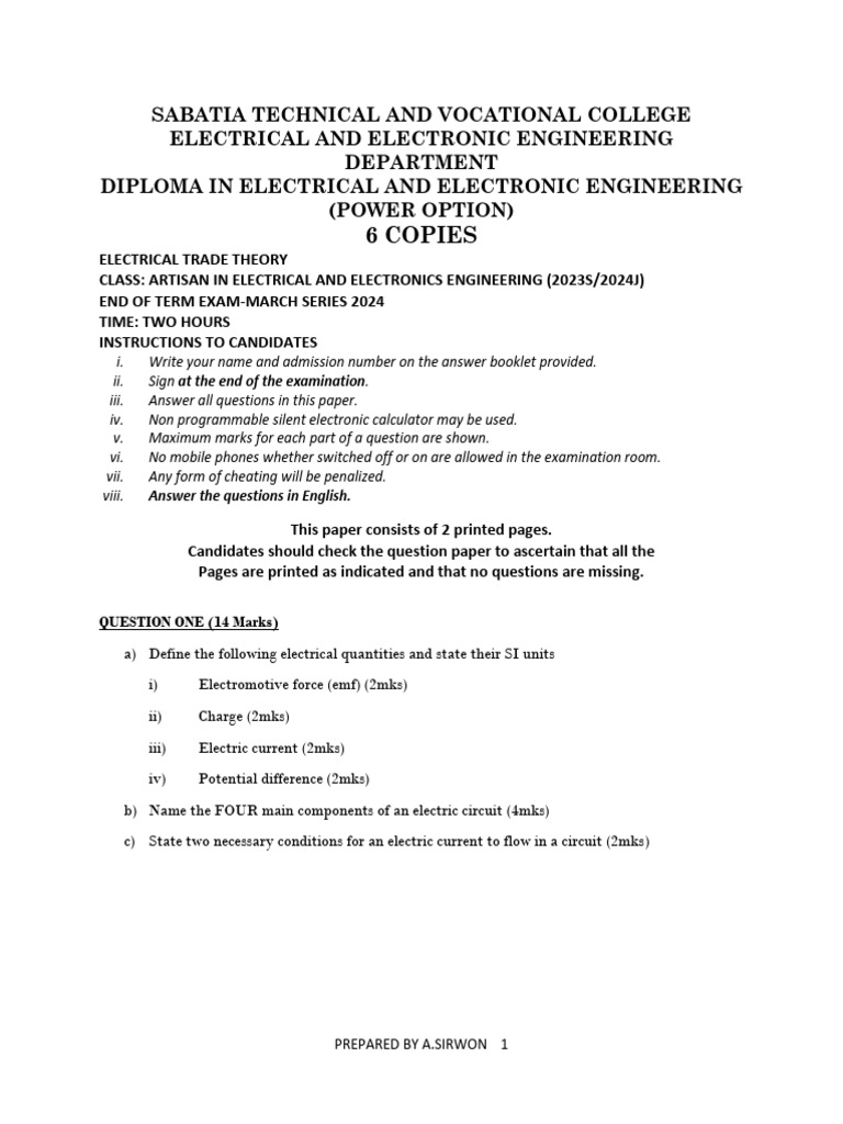 Aei Trade Theory Exam T3 2024 Download Free PDF Electric Power