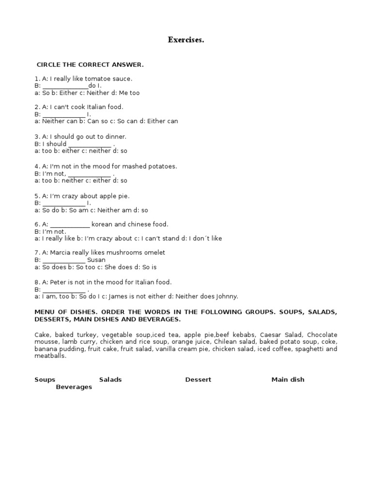 English Exercises: Agreement & Menu Sorting | PDF