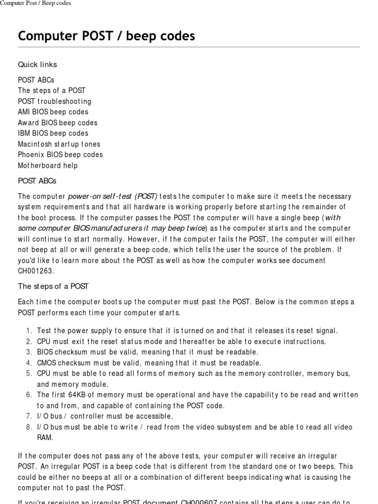 Beep Codes PDF Bios Booting