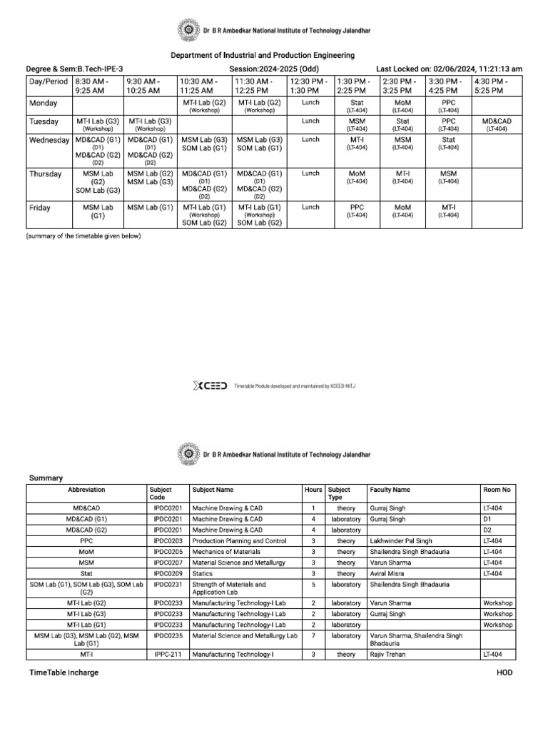 Time Table Pdf