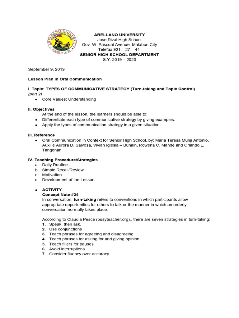 Types of Communicative Strategies Lesson Plan | PDF | Communication ...
