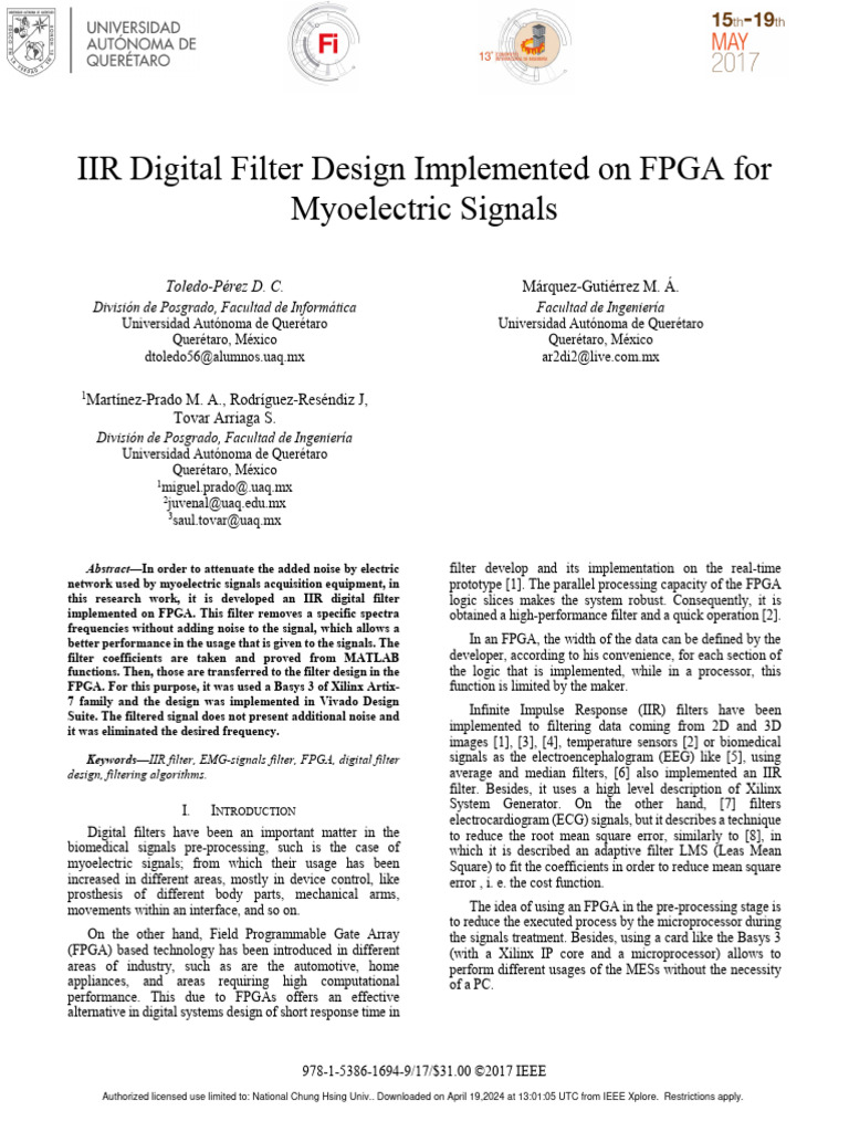 IIR Digital Filter Design Implemented On FPGA For Myoelectric Signals ...