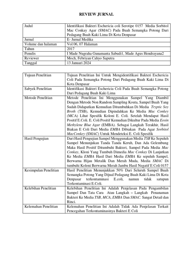 Review Jurnal Bakteri e Coli Moch Febriyan Cahyo S | PDF