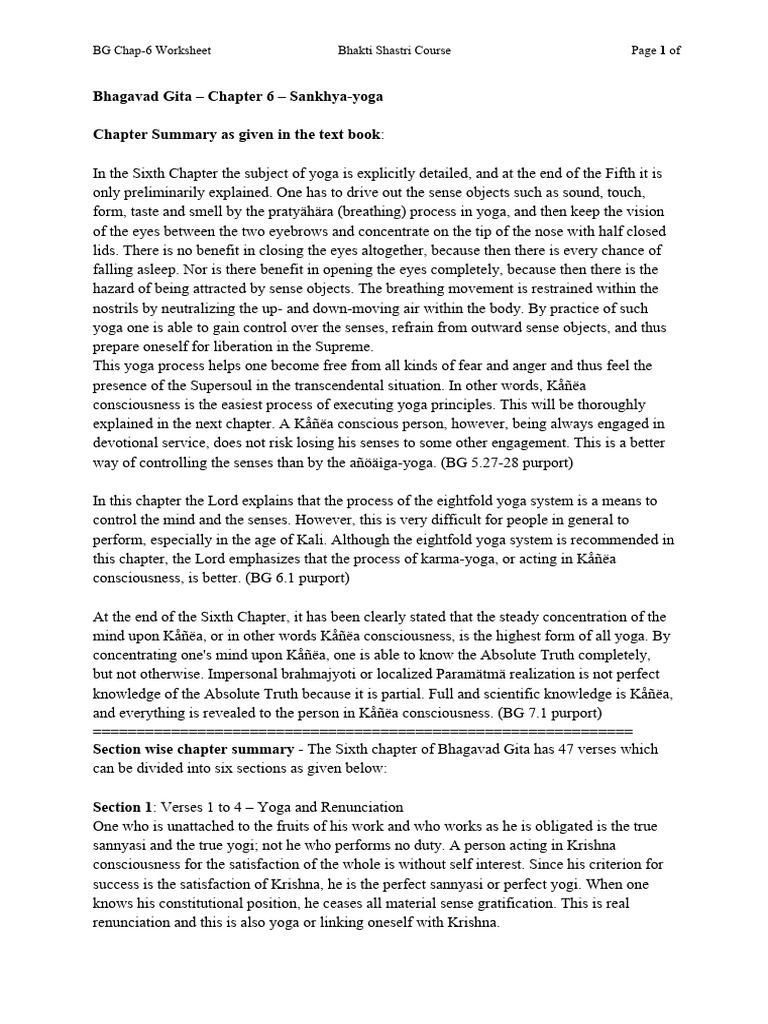 Bhagavad Gita Chapter 6 Summary | PDF | Yoga | Hindu Philosophy