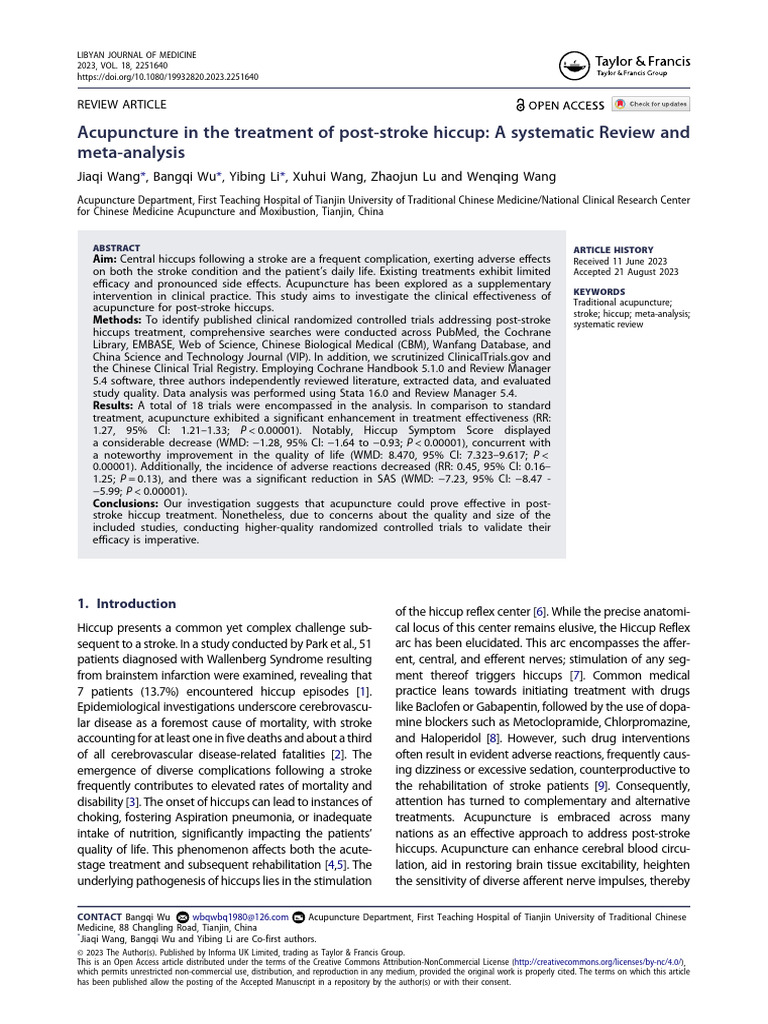 Acupuncture in The Treatment of Post-Stroke Hiccup | PDF | Acupuncture ...