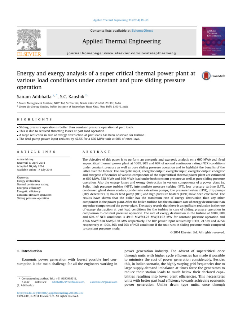 Energy and Exergy Analysis of A Super Critical Thermal Power Plant at ...