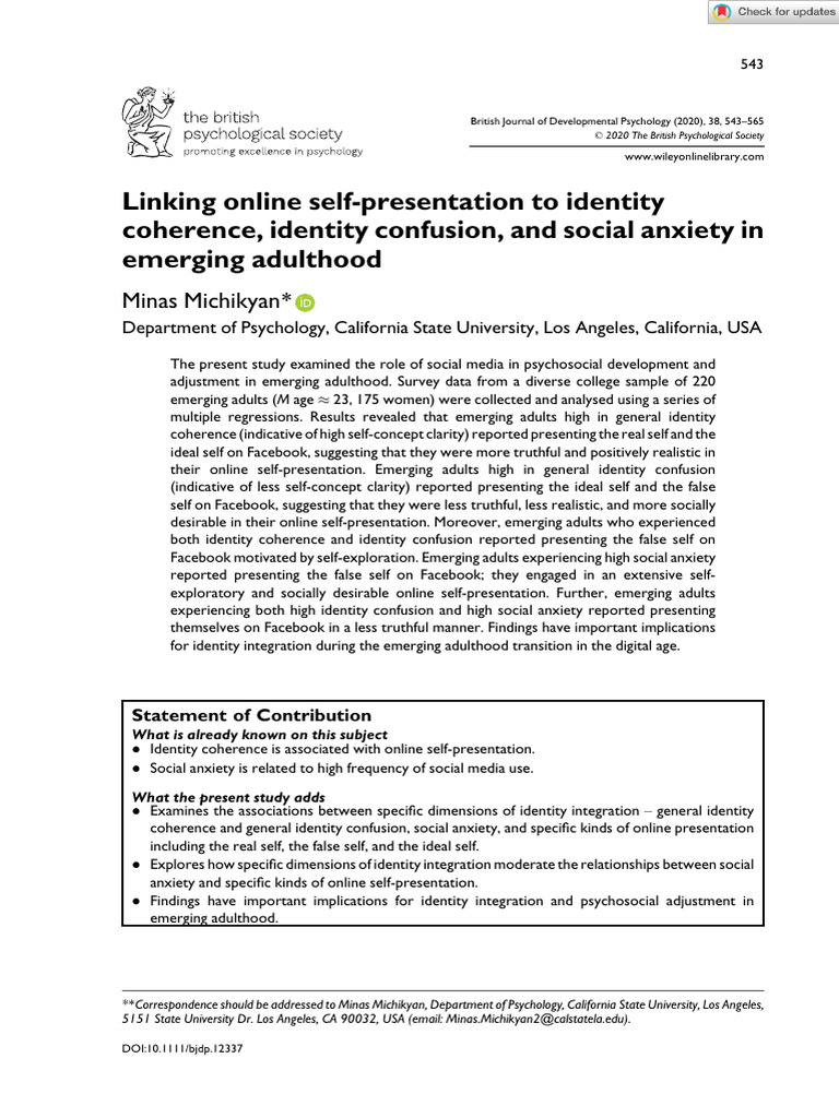 British j of dev psycho 2020 michikyan linking online self