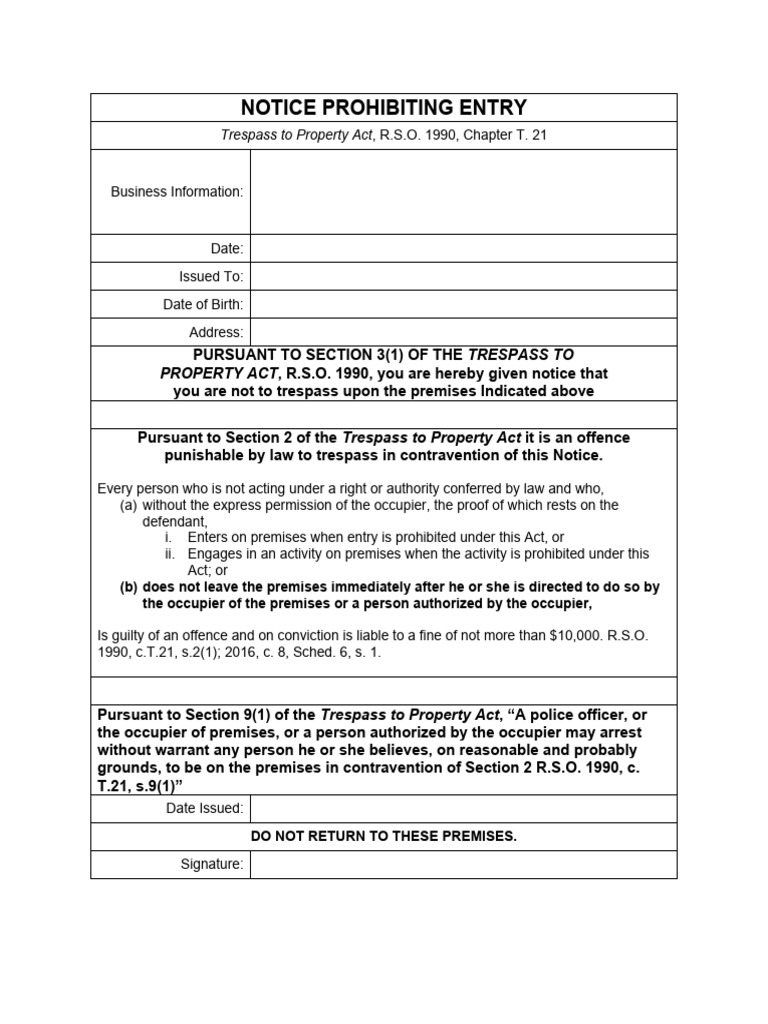 2022 trespass to property act form letter pdf
