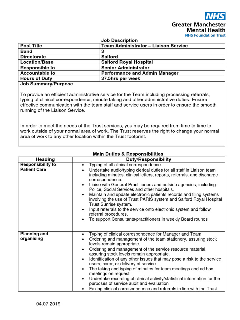 Team Administrator Job Description | PDF | Occupational Safety And ...