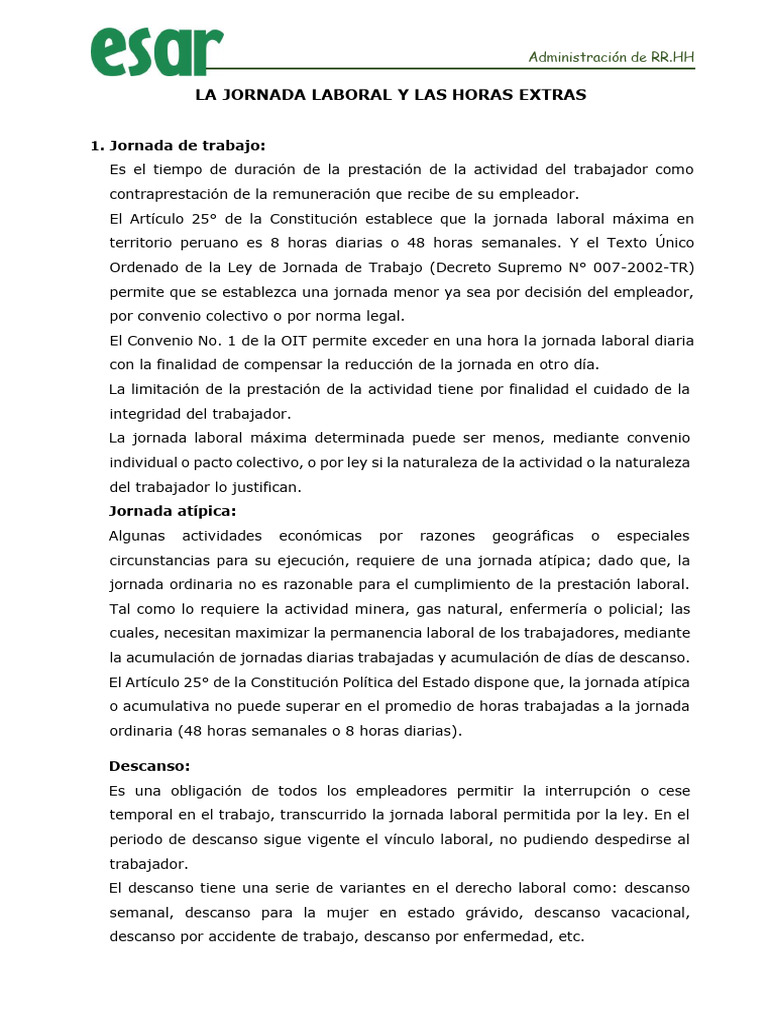 Jornada Laboral y Horas Extras | PDF | Derecho laboral | Tiempo de trabajo