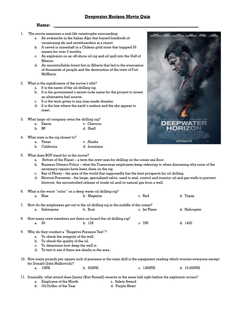 Deepwater Horizon Movie Quiz Guide | PDF | Deepwater Horizon | Petroleum