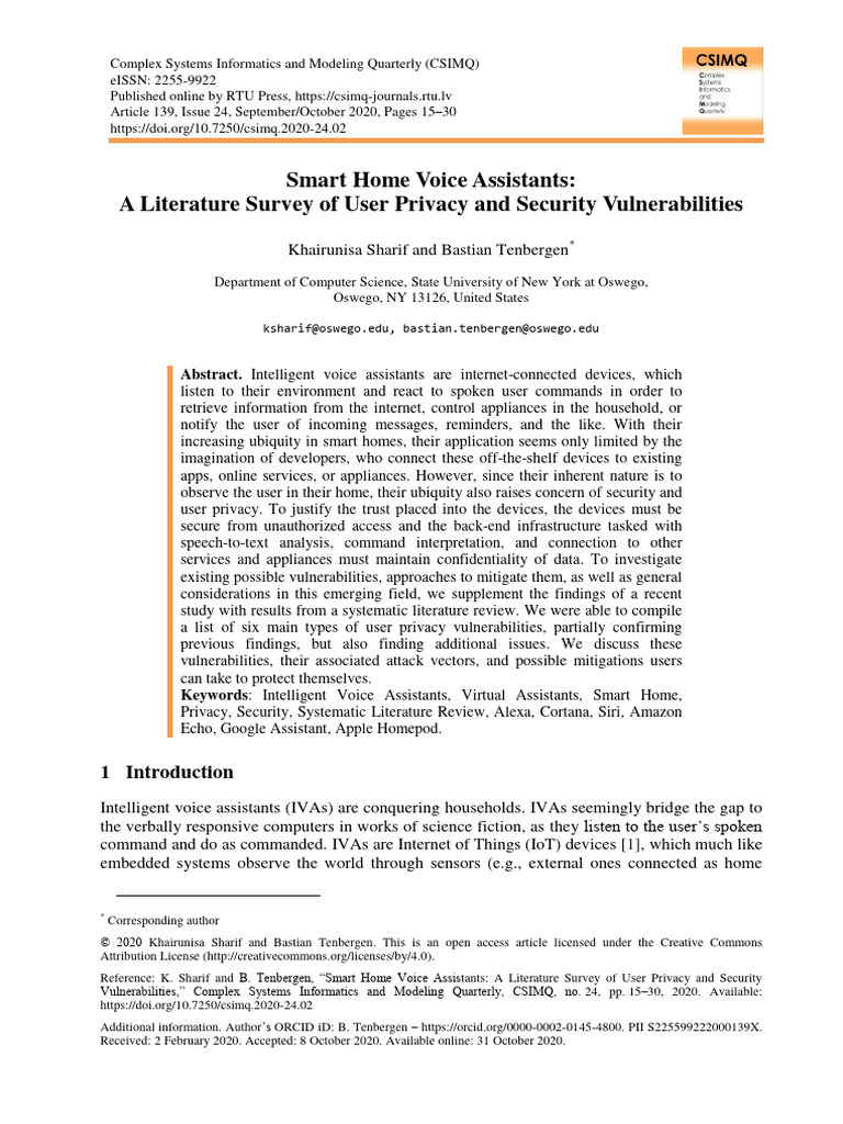 Smart Home Voice Assistants A Literature Survey of User Privacy and ...