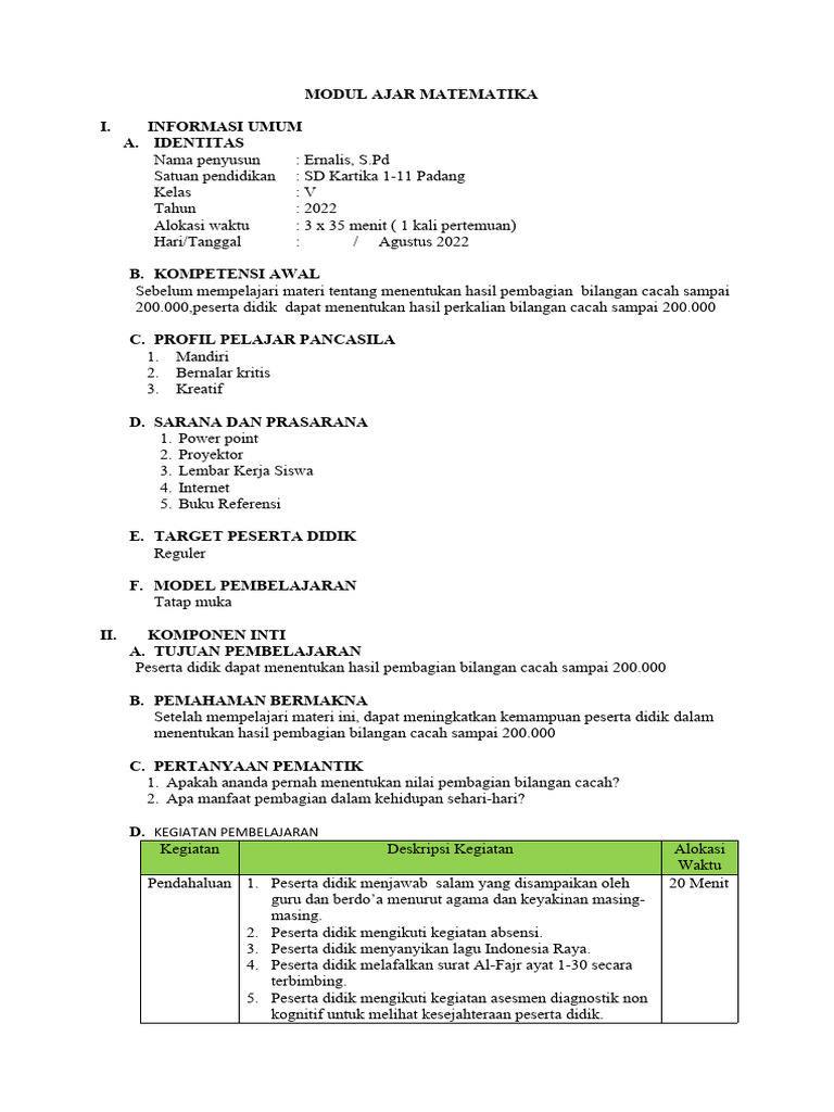 Modul Ajar Matematika Kelas 5 PDF | PDF