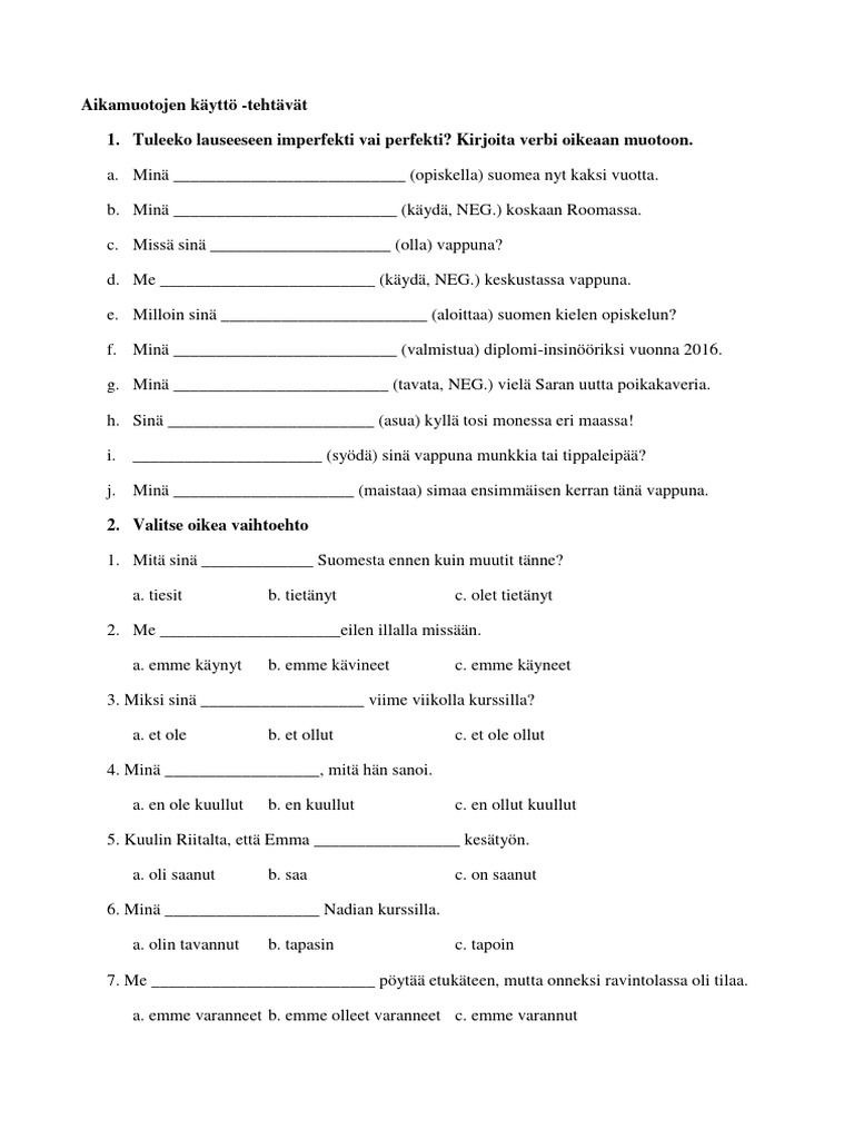 Plusimperfekti Aikamuoto Tehtävät Pdf
