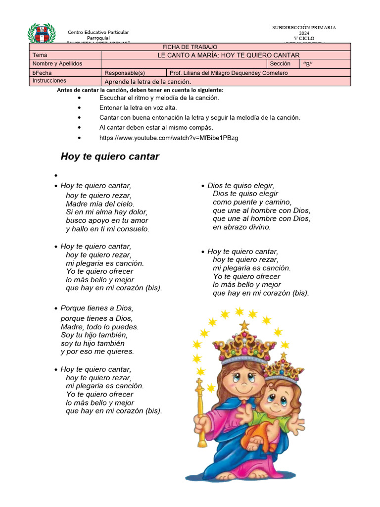 Arte Ficha de Trabajo. Hoy Te Quiero Cantar | Descargar gratis PDF