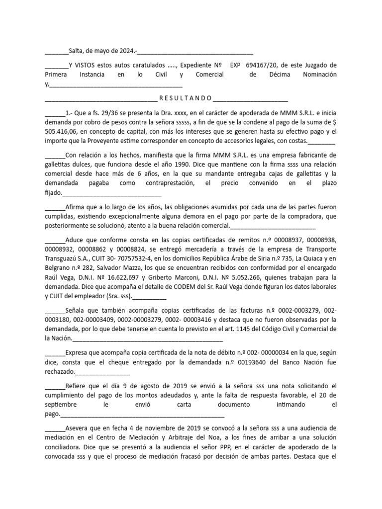 Demanda de cobro a SSS por MMM S.R.L. | PDF | Pagos | Cheque