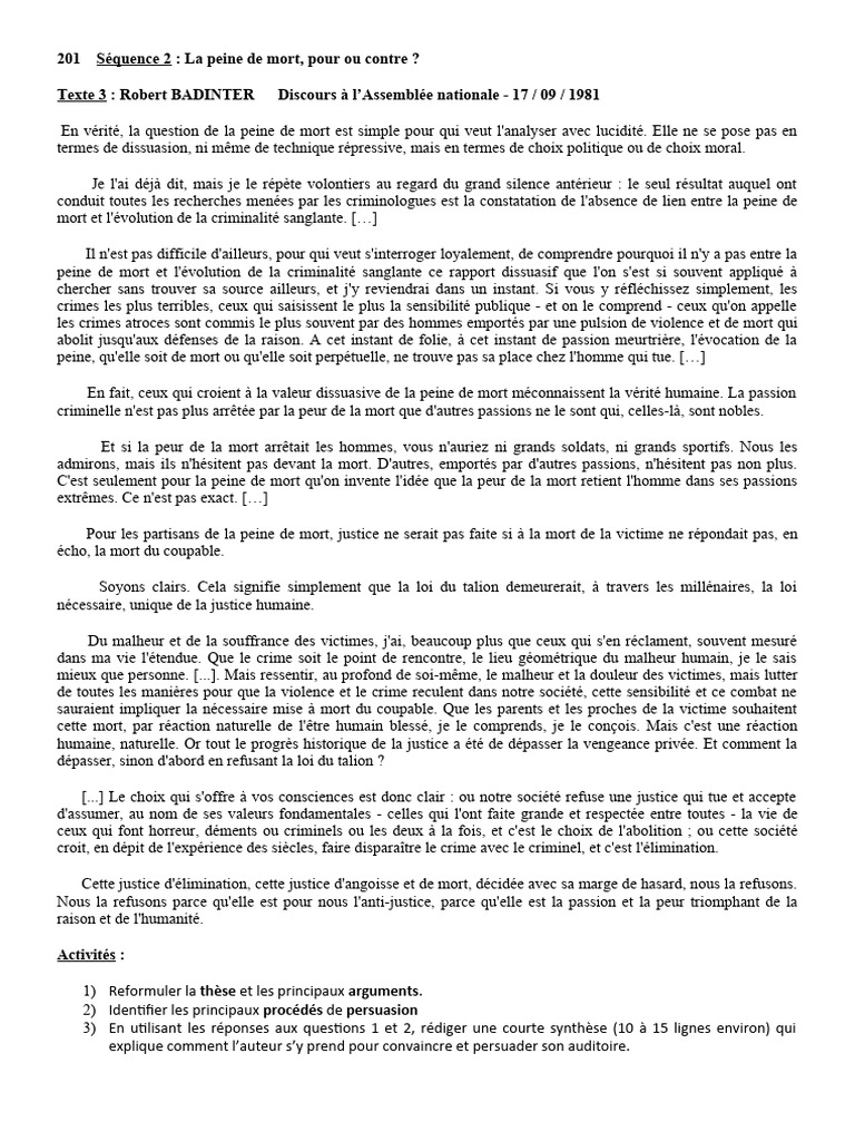 Badinter : Arguments contre la peine de mort | PDF | Peine capitale ...