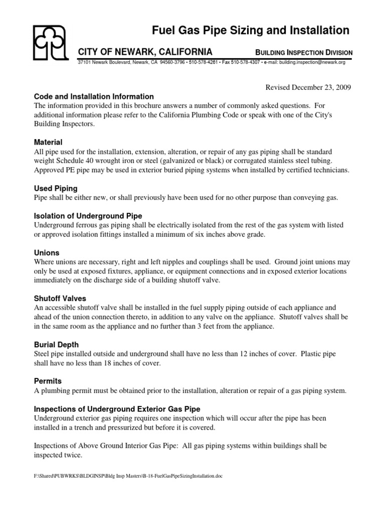 Fuel Gas Pipe Sizing Guide Newark CA | PDF | Pipe (Fluid Conveyance ...