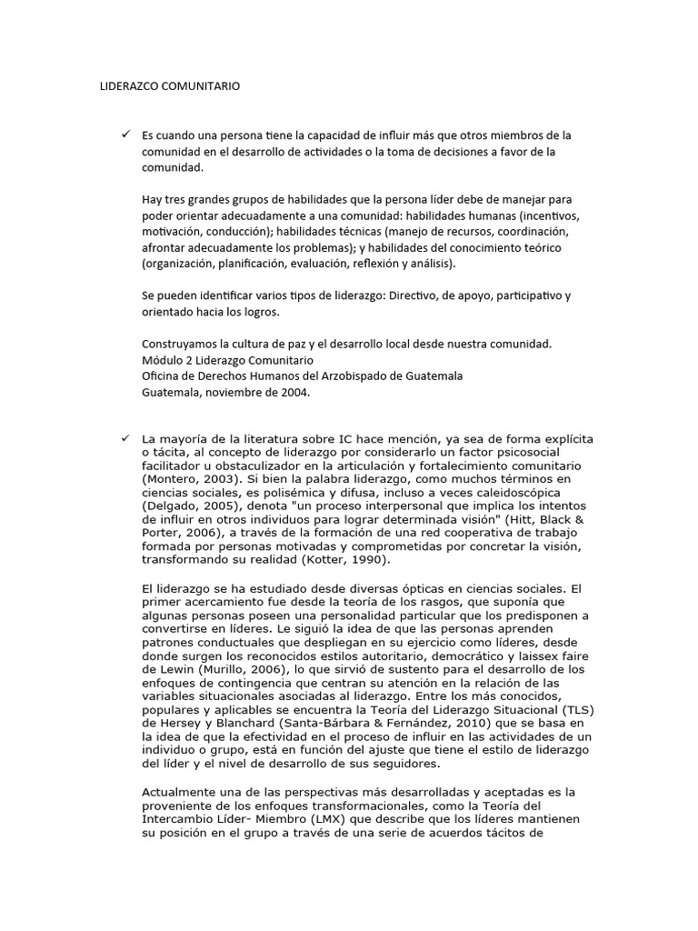 Liderazgo Comunal: Habilidades y Funciones | PDF | Liderazgo | Comunidad
