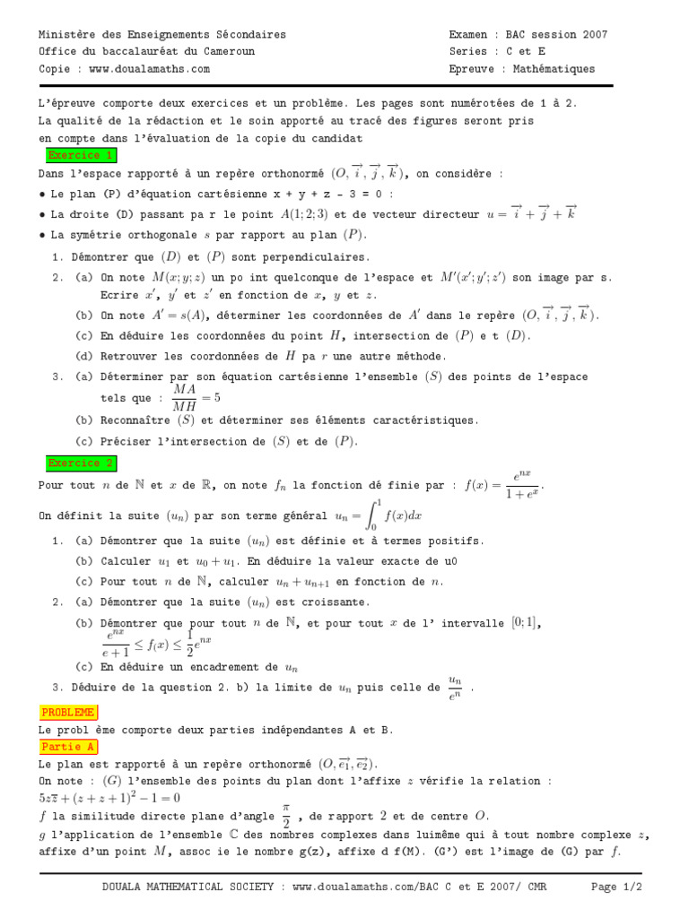 Examen BAC 2007 Mathématiques C et E | PDF | Coordonnées cartésiennes ...
