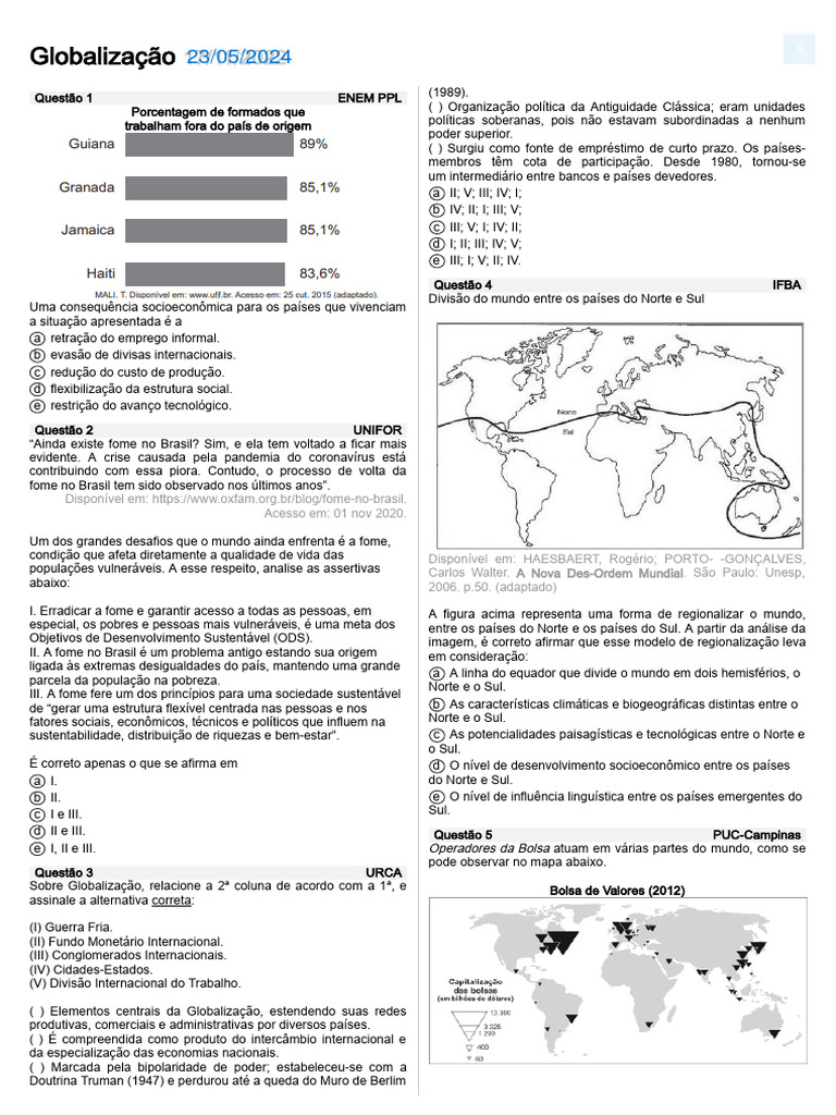 Questões sobre Globalização e Desafios Sociais | PDF | Globalização ...
